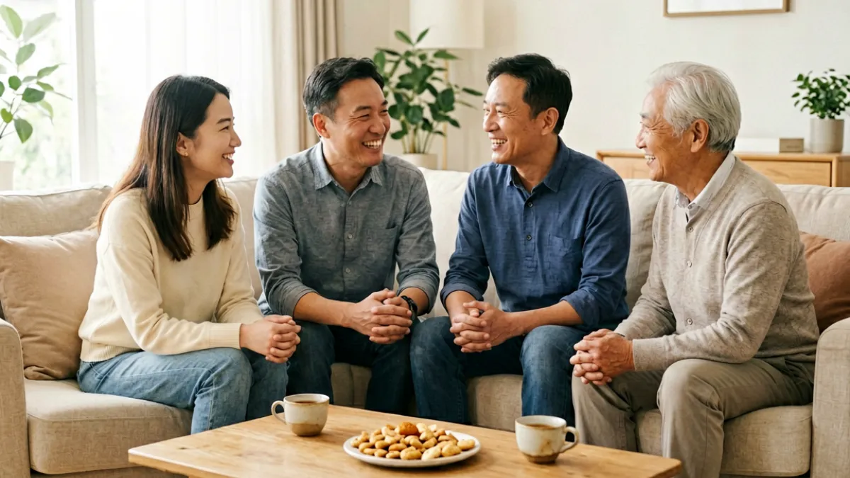嫂子吧门户首页封面图，展示一群家庭成员围坐客厅温馨交流的场景，代表嫂子话题社区的烟火气与真实感