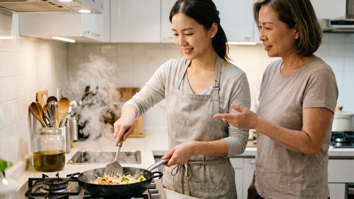 嫂子吧热议话题：一位年轻女性在厨房里认真学做菜，旁边婆婆在一旁指导，温馨的家庭厨房场景