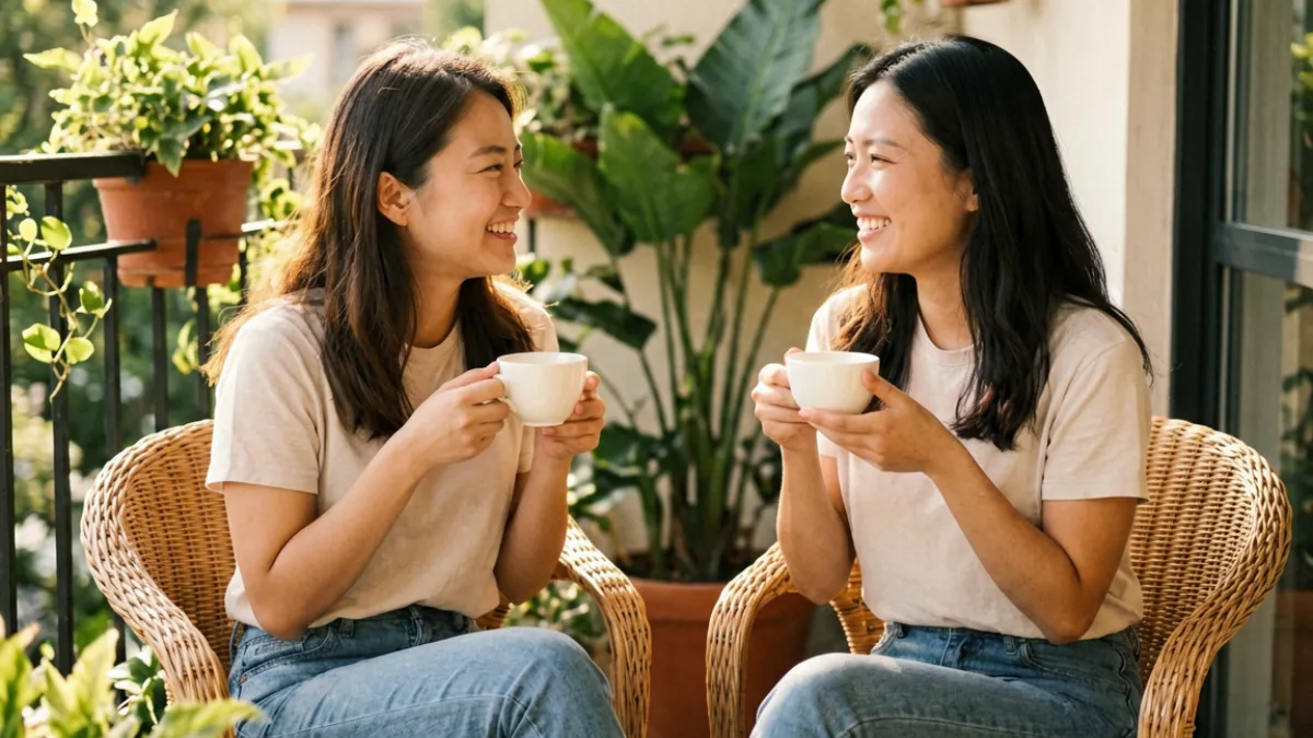 嫂子吧精选故事：两位女性在阳台上喝茶聊天，代表嫂子与小叔子媳妇之间建立真实友谊的温馨画面